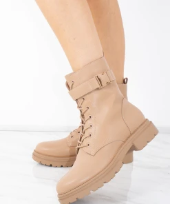 Miss Moda Luxe Camel Faux Leather Lace Up Buckle Ankle Boots