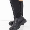 Miss Moda Luxe Black Faux Leather Lace Up Sock Boots