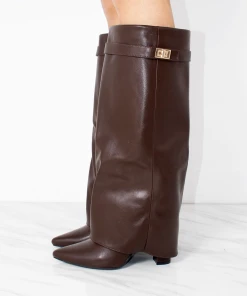 Miss Moda Luxe Chocolate Brown Faux Leather Fold Over Shark Classic Buckle Knee High Boot -Miss Moda Luxe Shop 2 ade73216 9534 4089 ad1c 60746b89807a