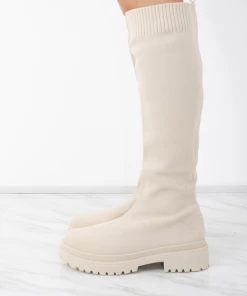 Miss Moda Luxe Beige Knee High Fabric Ribbed Sock Boot -Miss Moda Luxe Shop 3