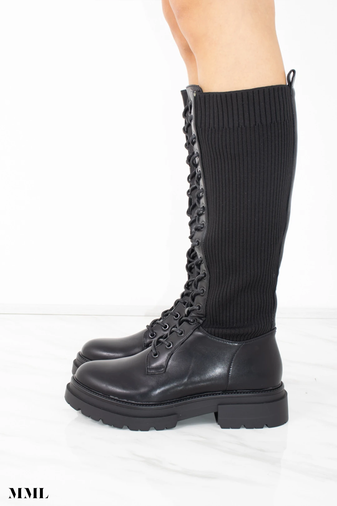 Miss Moda Luxe Black Faux Leather Lace Up Sock Boots 3 Miss Moda Luxe Black Faux Leather Lace Up Sock Boots - Image 3