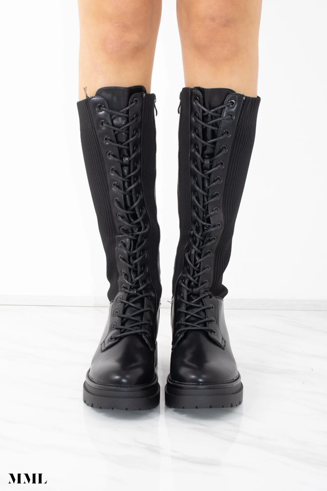 Miss Moda Luxe Black Faux Leather Lace Up Sock Boots 2 Miss Moda Luxe Black Faux Leather Lace Up Sock Boots - Image 2