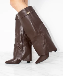 Miss Moda Luxe Chocolate Brown Faux Leather Fold Over Shark Classic Buckle Knee High Boot