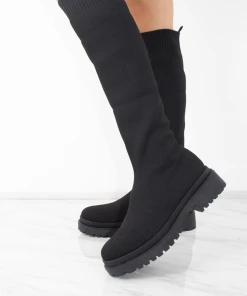 Miss Moda Luxe Black Knee High Fabric Ribbed Sock Boot