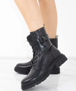 Miss Moda Luxe Black Faux Leather Lace Up Buckle Ankle Boots