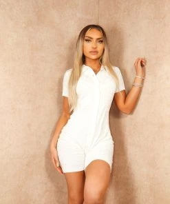 Miss Moda Luxe Beige Toweling Print Collared Button Up Unitard Playsuit