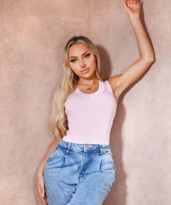 Miss Moda Luxe PINK RIBBED V-NECK BODYSUIT