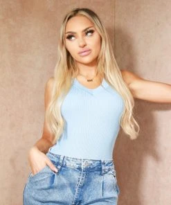 Miss Moda Luxe BLUE RIBBED V-NECK BODYSUIT