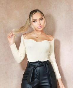 Miss Moda Luxe OUT OF LINE BEIGE SQUARE NECK RIBBED KNIT BODYSUIT