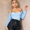 Miss Moda Luxe OUT OF LINE BLUE SQUARE NECK RIBBED KNIT BODYSUIT
