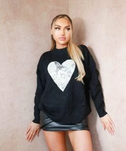 Miss Moda Luxe Sequin Embellished Heart Black Cashmere Jumper