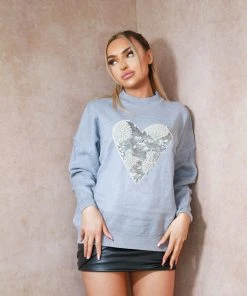 Miss Moda Luxe Sequin Embellished Heart Grey Cashmere Jumper