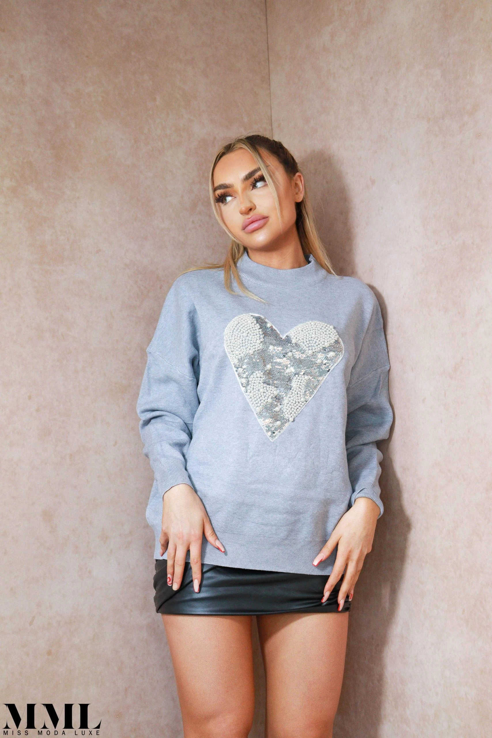 Miss Moda Luxe Sequin Embellished Heart Grey Cashmere Jumper 1 Miss Moda Luxe Sequin Embellished Heart Grey Cashmere Jumper