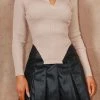 Miss Moda Luxe Beige Ribbed Collared Long Sleeve Top