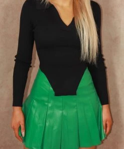 Miss Moda Luxe Black Ribbed Collared Long Sleeve Top