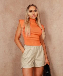 Miss Moda Luxe Orange Ribbed High Neck Shoulder Pad Top
