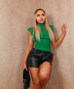 Miss Moda Luxe Green Ribbed High Neck Shoulder Pad Top