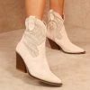 Miss Moda Luxe Beige Classic Faux Suede Cut Out Heeled Cowboy Boot