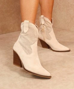 Miss Moda Luxe Beige Classic Faux Suede Cut Out Heeled Cowboy Boot