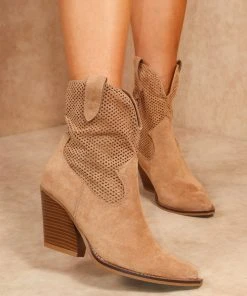 Miss Moda Luxe Camel Classic Faux Suede Cut Out Heeled Cowboy Boot