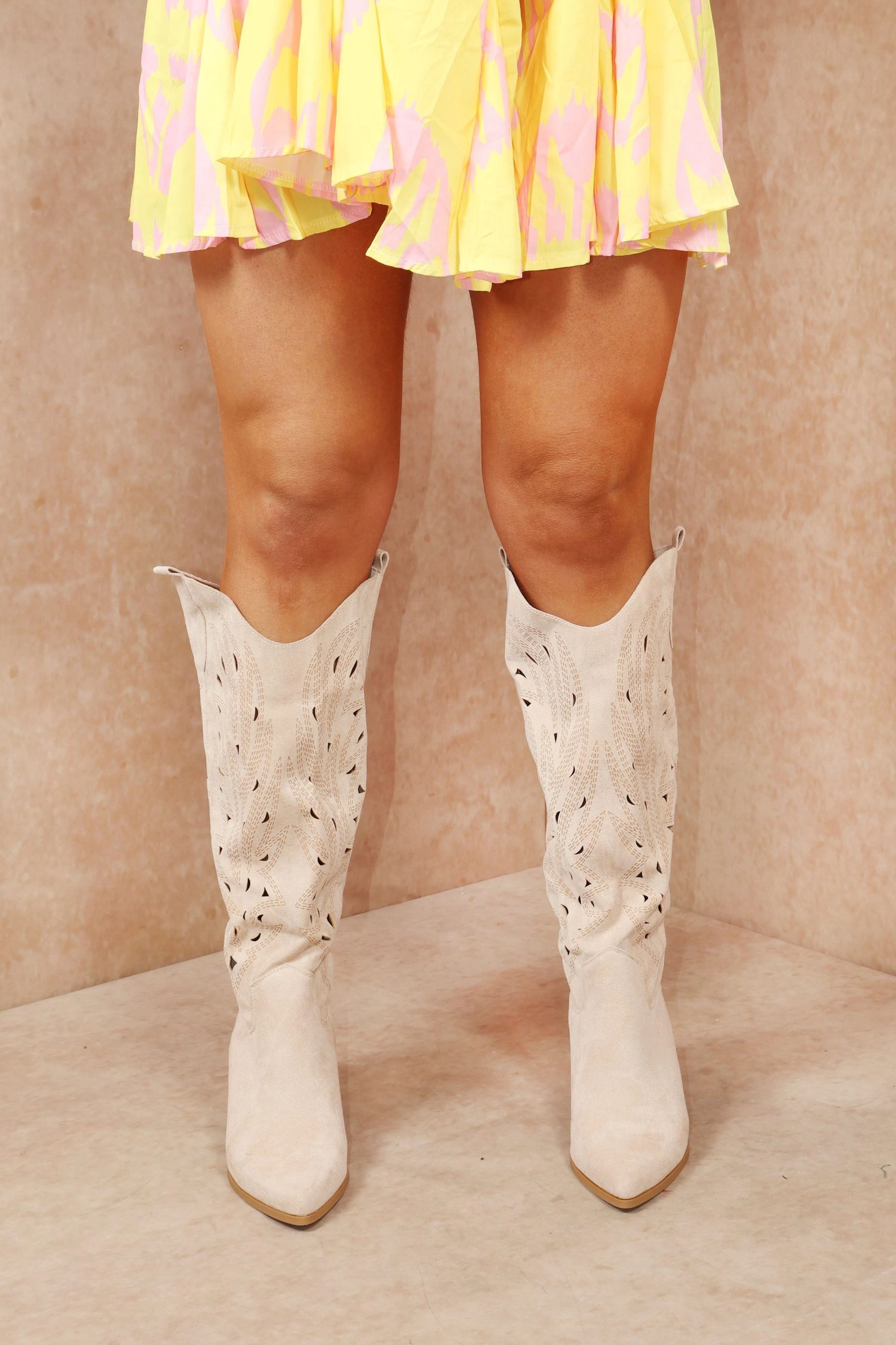 Miss Moda Luxe Beige Faux Suede Western Style Knee High Cut Out Cowboy Boot 5 Miss Moda Luxe Beige Faux Suede Western Style Knee High Cut Out Cowboy Boot - Image 5