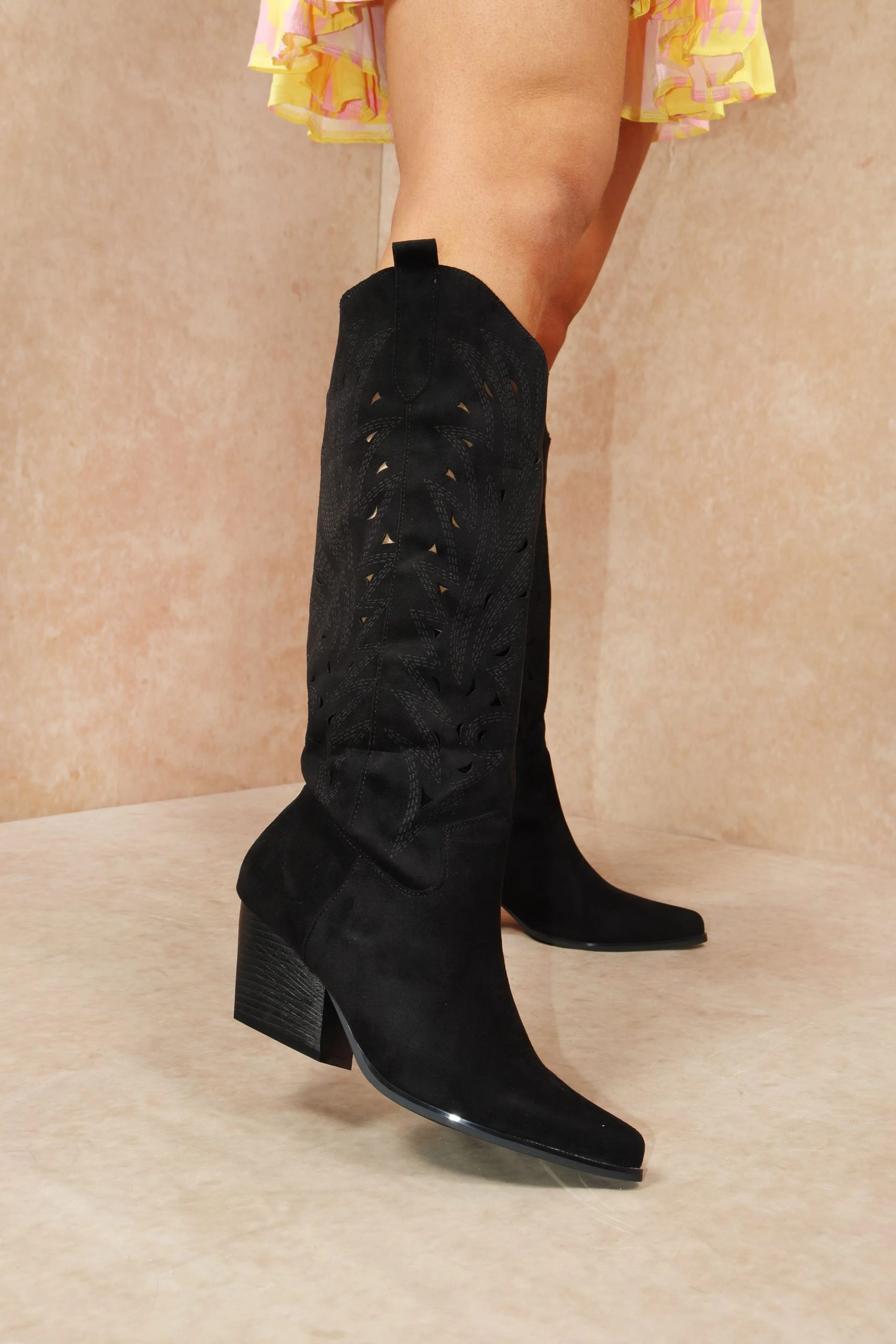 Miss Moda Luxe Black Faux Suede Western Style Knee High Cut Out Cowboy Boot 3 Miss Moda Luxe Black Faux Suede Western Style Knee High Cut Out Cowboy Boot - Image 3