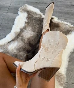 Miss Moda Luxe Beige Suede Cowboy Ankle Boots