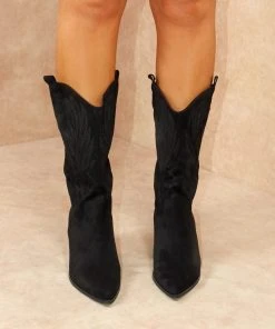 Miss Moda Luxe Black Faux Suede Mid Calf High Embroidered Cowboy Boots -Miss Moda Luxe Shop IMG 1771 scaled