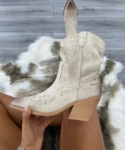 Miss Moda Luxe Beige Short Classic Western Heeled Cowboy Boots