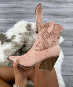 Miss Moda Luxe Pink Classic Faux Suede Cut Out Heeled Cowboy Boot