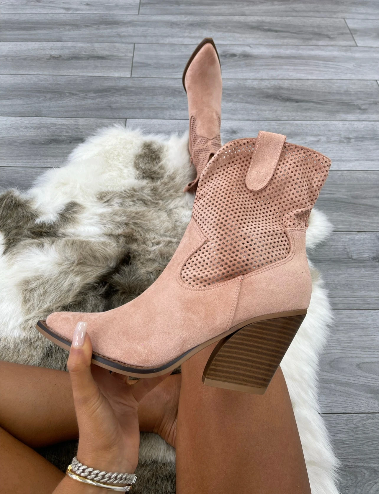 Miss Moda Luxe Pink Classic Faux Suede Cut Out Heeled Cowboy Boot 1 Miss Moda Luxe Pink Classic Faux Suede Cut Out Heeled Cowboy Boot
