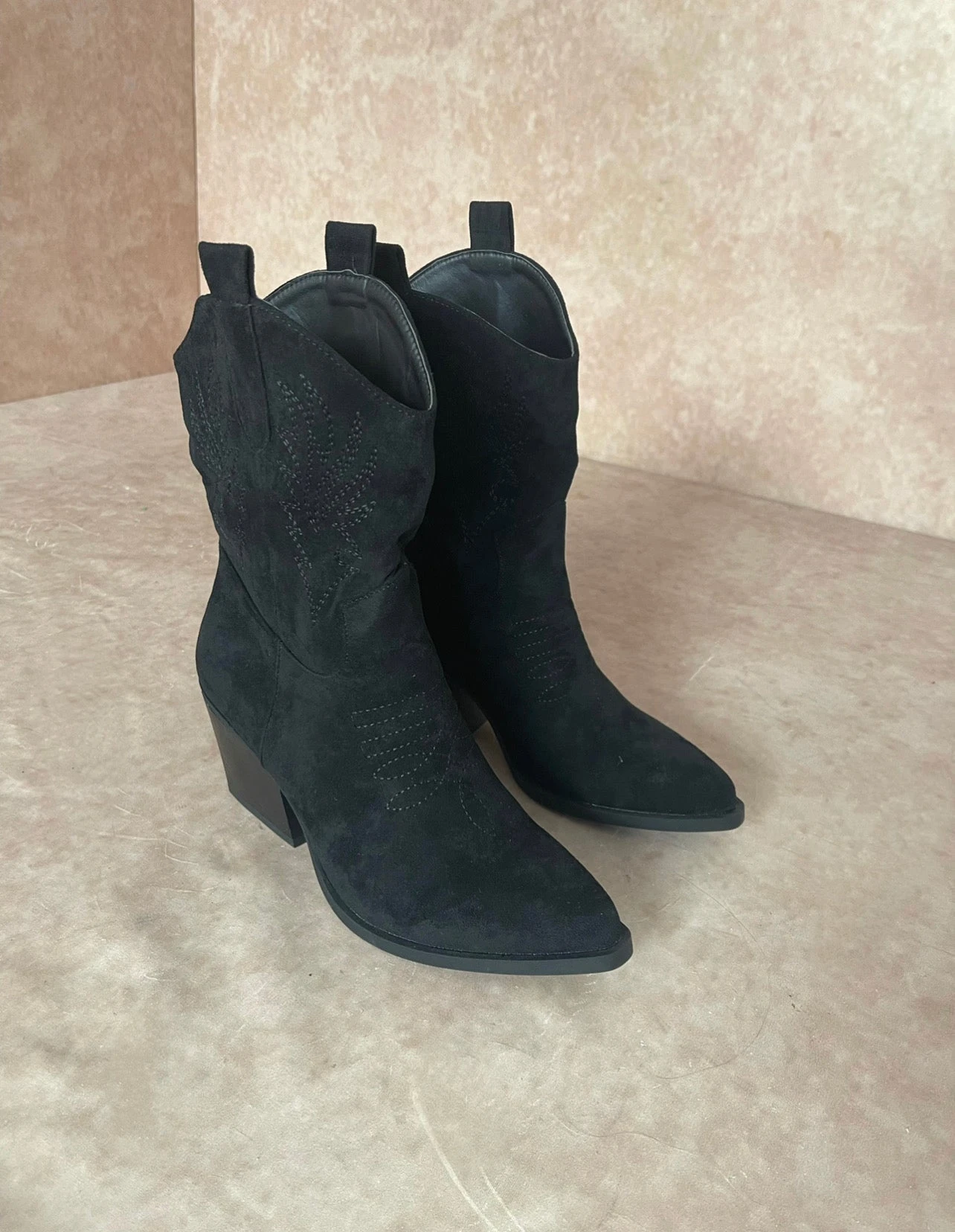 Miss Moda Luxe Black Embroidered Faux Suede Heeled Cowboy Boot 2 Miss Moda Luxe Black Embroidered Faux Suede Heeled Cowboy Boot - Image 2