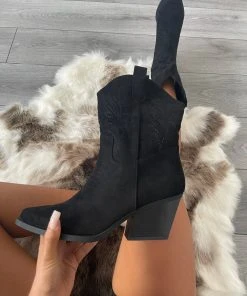 Miss Moda Luxe Black Embroidered Faux Suede Heeled Cowboy Boot