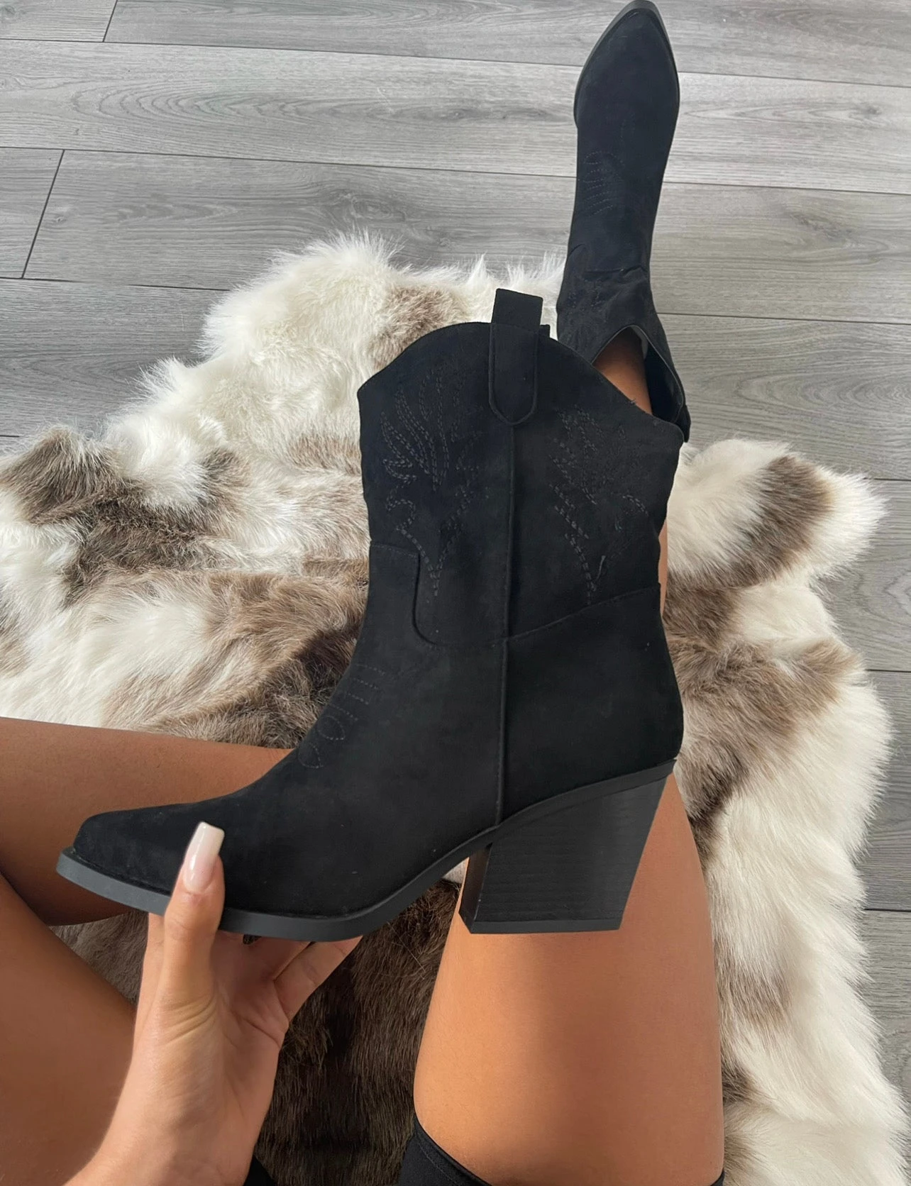 Miss Moda Luxe Black Embroidered Faux Suede Heeled Cowboy Boot 1 Miss Moda Luxe Black Embroidered Faux Suede Heeled Cowboy Boot