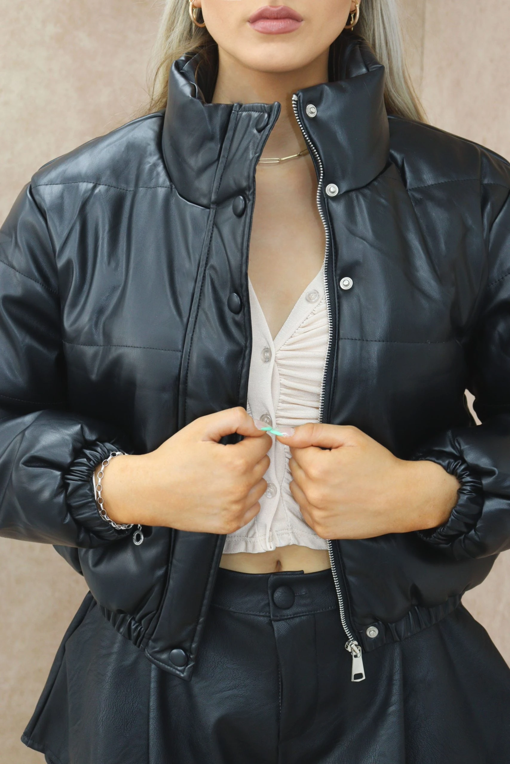 Miss Moda Luxe Black Cropped Faux Leather Puffer Jacket. 5 Miss Moda Luxe Black Cropped Faux Leather Puffer Jacket. - Image 5