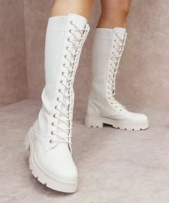 Miss Moda Luxe HOLLY Beige Ribbed Knee High Biker Boot
