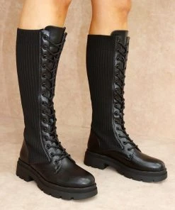 Miss Moda Luxe HOLLY Black Ribbed Knee High Biker Boot