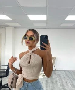 Miss Moda Luxe Wrap Knit Beige Tie Top