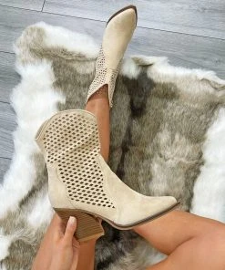 Miss Moda Luxe Beige Cut Out Heeled Cowboy Boots