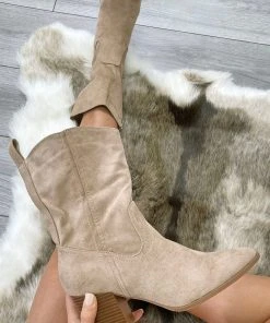 Miss Moda Luxe Taupe Classic Faux Suede Cowboy Heeled Boot