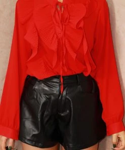 Miss Moda Luxe Red Ruffle Chest Button Up Blouse. -Miss Moda Luxe Shop IMG 8801 scaled