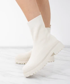 Miss Moda Luxe Cream Fabric Ribbed Ankle Sock Boot
