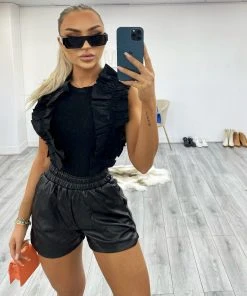 Miss Moda Luxe Black Frill Detailed Short Sleeve Bodysuit