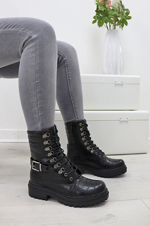 Missmodaluxe BUCKLE UP BLACK CROC BIKER BOOT 3 Missmodaluxe BUCKLE UP BLACK CROC BIKER BOOT - Image 3