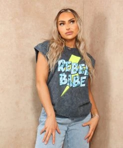 Miss Moda Luxe Blue Detailed Acid-wash Rebel Printed Graphic T-shirt -Miss Moda Luxe Shop REBELBABE 03 scaled