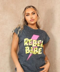 Miss Moda Luxe Pink Detailed Acid-wash Rebel Printed Graphic T-shirt -Miss Moda Luxe Shop REBELBABE 05 scaled