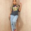 Miss Moda Luxe Pink Detailed Acid-wash Rebel Printed Graphic T-shirt
