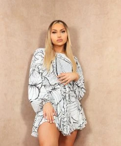 Miss Moda Luxe White Floral Abstract Puffed LongSleeve Belted Floaty Dress -Miss Moda Luxe Shop SMOCKDRESSES 33 scaled