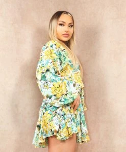 Miss Moda Luxe Green Oversized Floral Print Puffed Sleeved Braided Waist Belted Floaty Dress