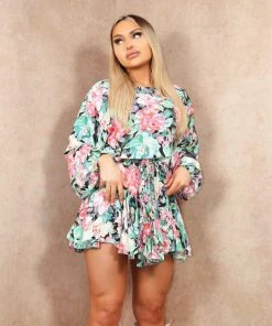 Miss Moda Luxe Black Oversized Floral Print Puffed Sleeved Braided Waist Belted Floaty Dress